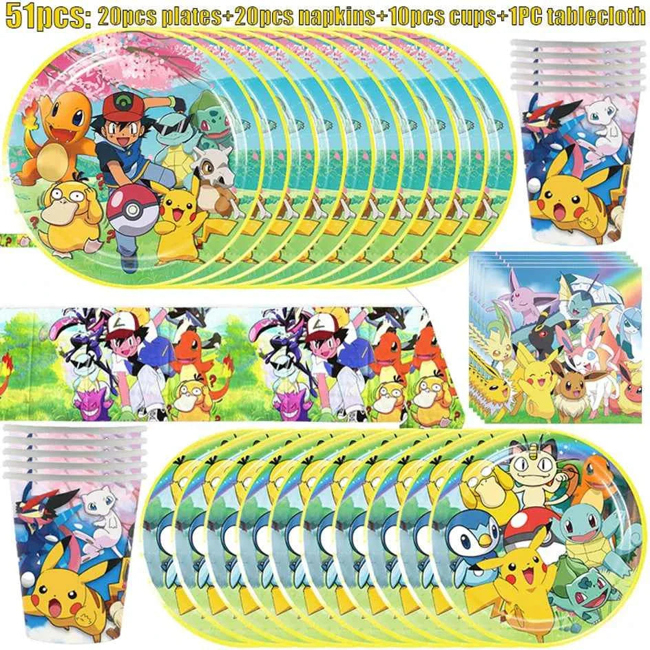Pokemon Birthday Party Decorations Paper Tableware Plates Napkins Cups Pikachu Birthday Tablecloth Party Supplies Children Gifts