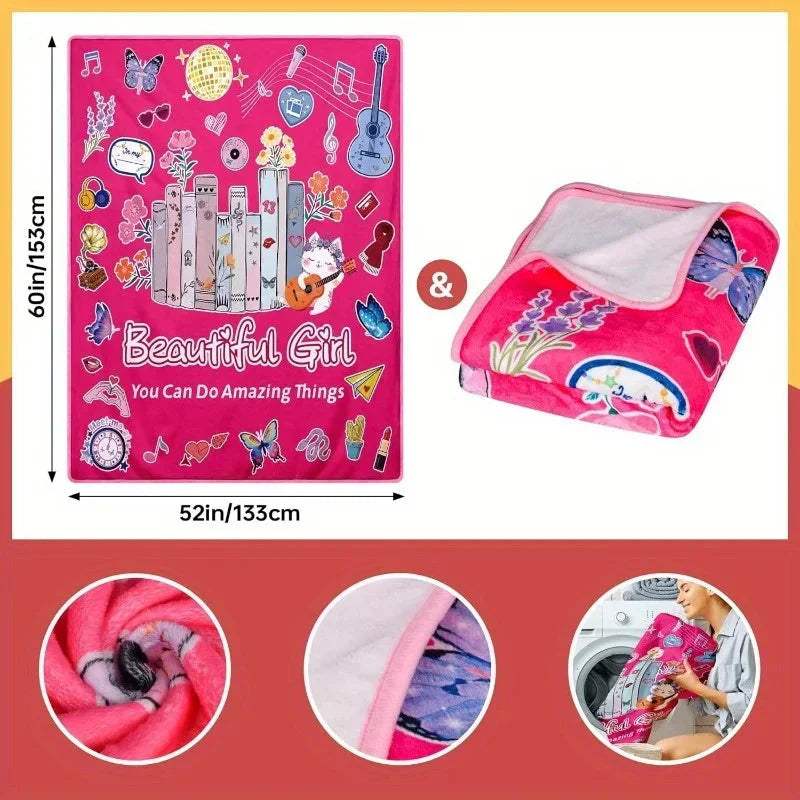 Pink Flannel Throw Blanket 60"x50" - Music & Book Lover Design with Butterflies, Flowers & Inspirational Quotes