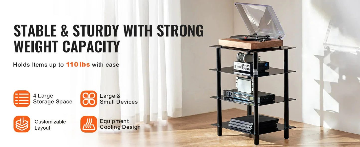 SucceBuy 4-Tier AV Media Stand Audio/Video Stand with Strengthen Tempered Glass Shevles for DVD Adjustable Media Storage Cabinet