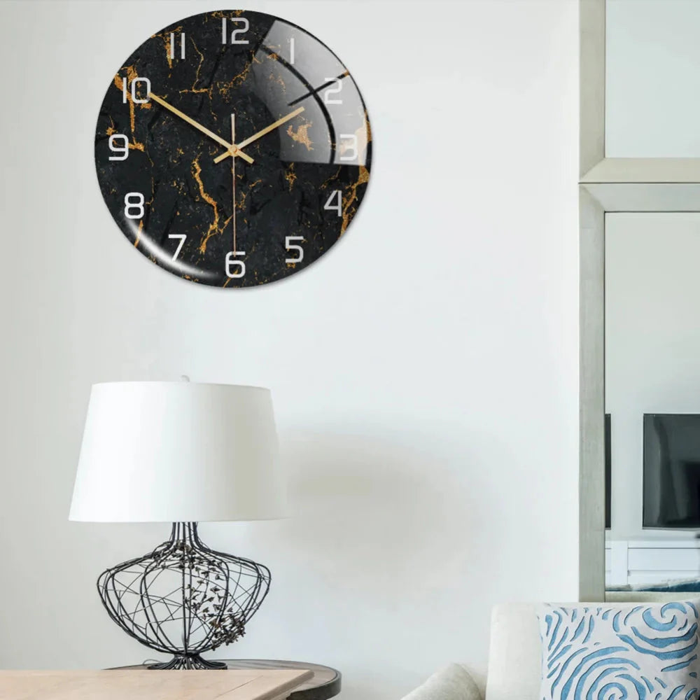 Black Gold Marble Metal Needle Modern Acrylic Round Clock 12"