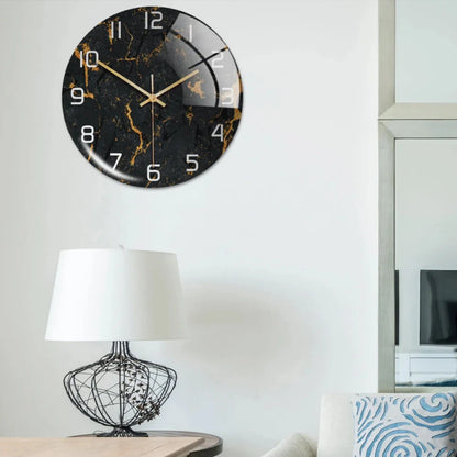 Black Gold Marble Metal Needle Modern Acrylic Round Clock 12"