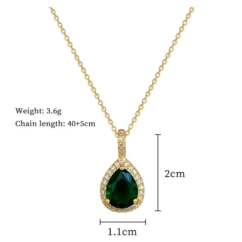 2pcs/set Jewelry Sets Women Elegant Waterdrop Green Rhinestone Pendant Necklace stud Earrings Wedding Dress Bridal Jewelry Set