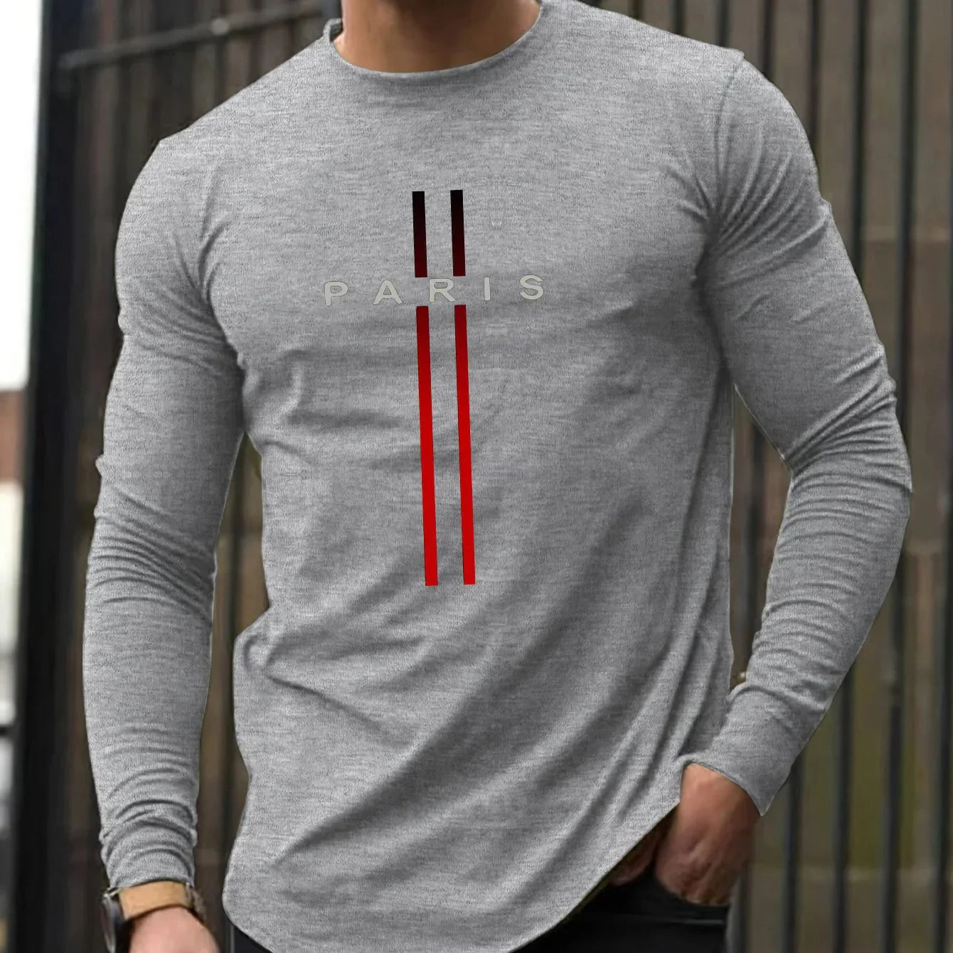 Men's Spring and Autumn 100% Cotton Loose and Comfortable Casual Paris Pattern Printed Round Neck Long Sleeve T-shirt