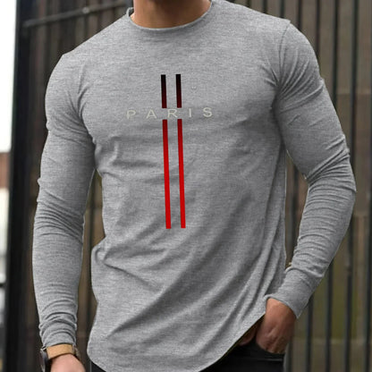 Men's Spring and Autumn 100% Cotton Loose and Comfortable Casual Paris Pattern Printed Round Neck Long Sleeve T-shirt