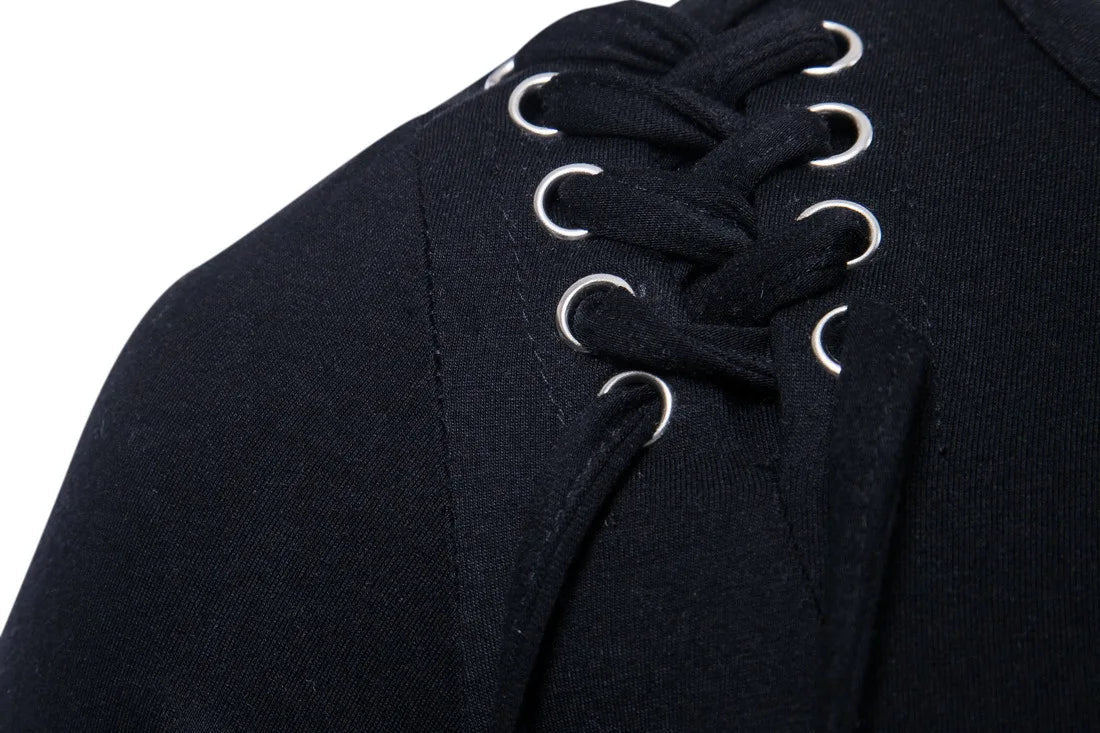New2026 Men's Summer Short Sleeve T-shirts Trend Irregular Design Lace Up Solid Slim Tees Fashion Gothic Style Casual Shirts Men