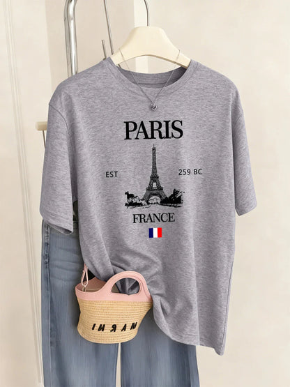 Paris France Eiffel Tower Prints T-Shirts Women Summer Basic Short Sleeve Tops O-Neck Loose T Shirts Basics Soft Womans Clothes