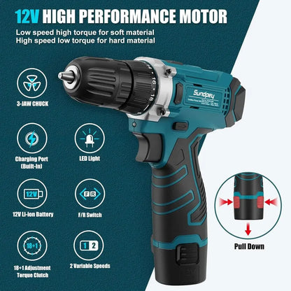 Tool Kit 206PCS with Drill - 12V Cordless Power Drill Combo Home Tool Set - Portable Basic General Household Toolbox for Repair