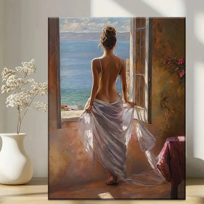 Elegant Mediterranean Canvas Wall Art - HD Seaside Painting with Wood Frame for Serene Home Decor, Ocean Theme Decoration
