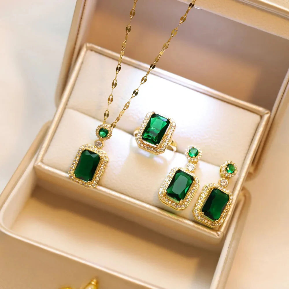 4PCS Sets Exquisite Quadrate Rhinestone Necklace Earrings Ring Jewelry Set Charm Ladies Jewelry Fashion Bridal Gifts