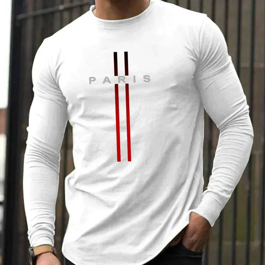 Men's Spring and Autumn 100% Cotton Loose and Comfortable Casual Paris Pattern Printed Round Neck Long Sleeve T-shirt