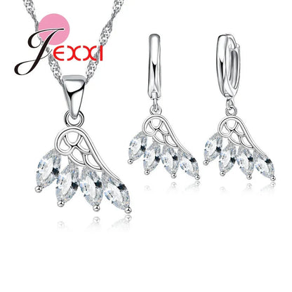 Wedding Jewelry Sets Accessories Women 925 Sterling Silver White Crystal Wing Design Necklace Earrings Flying Feather Sets