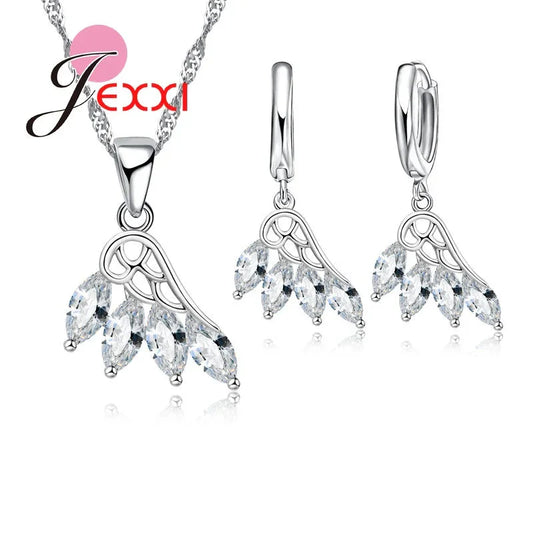 Wedding Jewelry Sets Accessories Women 925 Sterling Silver White Crystal Wing Design Necklace Earrings Flying Feather Sets