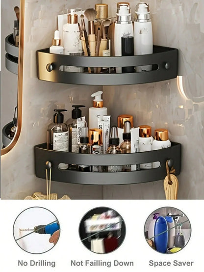 1/2Pcs Wall Mounted Corner Rack: No-Drill Black Bathroom Shampoo Towel Holder