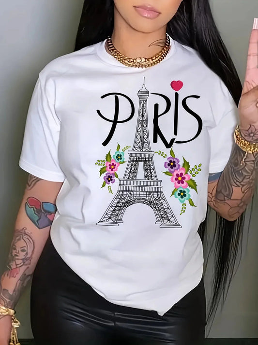 Paris Eiffel Tower Printed Crew Neck Casual T-Shirt for Summer Spring Women Aesthetic Clothes