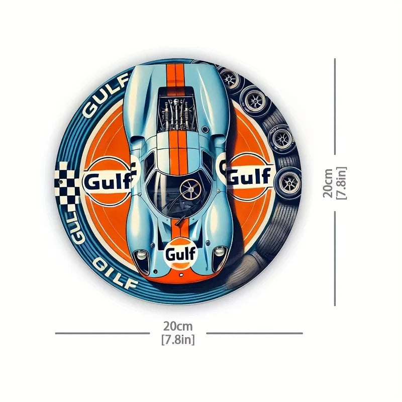 1pc Vintage Gulf Racing Car Metal Tin Sign - Retro Style Wall Art with Blue & Orange Stripes, Aluminum, Perfect for Home, Cafe