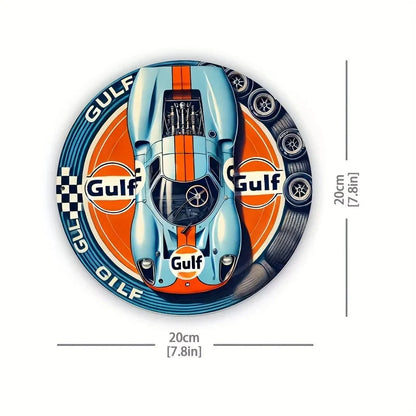1pc Vintage Gulf Racing Car Metal Tin Sign - Retro Style Wall Art with Blue & Orange Stripes, Aluminum, Perfect for Home, Cafe