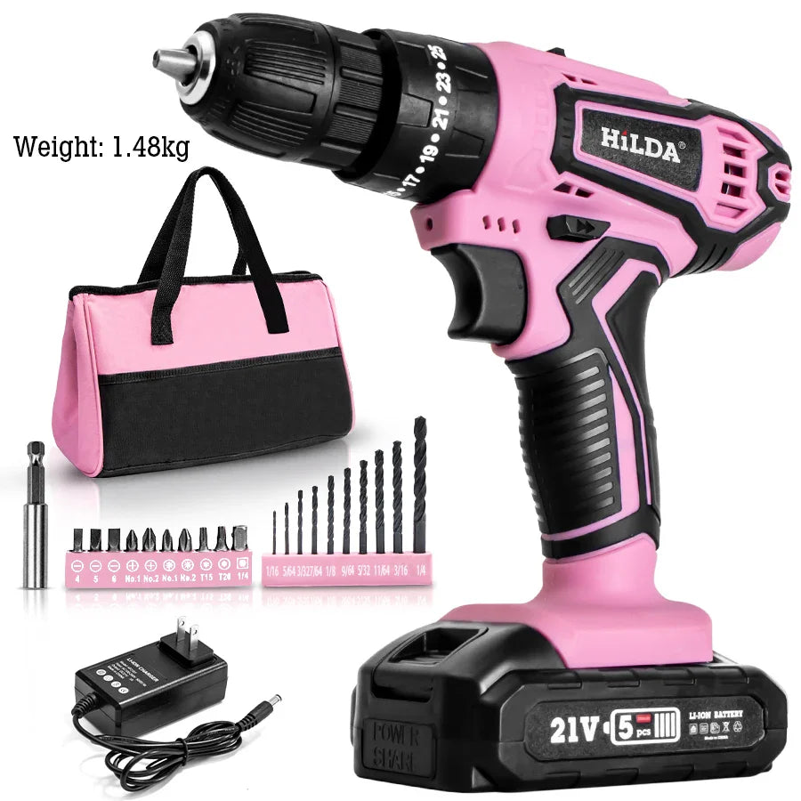 HILDA 21V Pink Drill Electric Drill Electric Screwdriver  Cordless Drill Mini Wireless Power Tools Lithium-Ion Battery