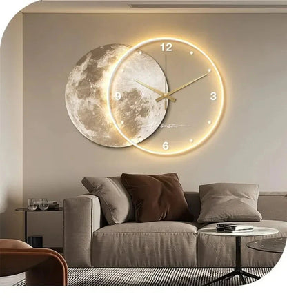 Large Wall Clock Luxury Dining Room Living Room Moon The Earth Modelling LED Light Silent Movement Bedroom Clock Wall Decoration