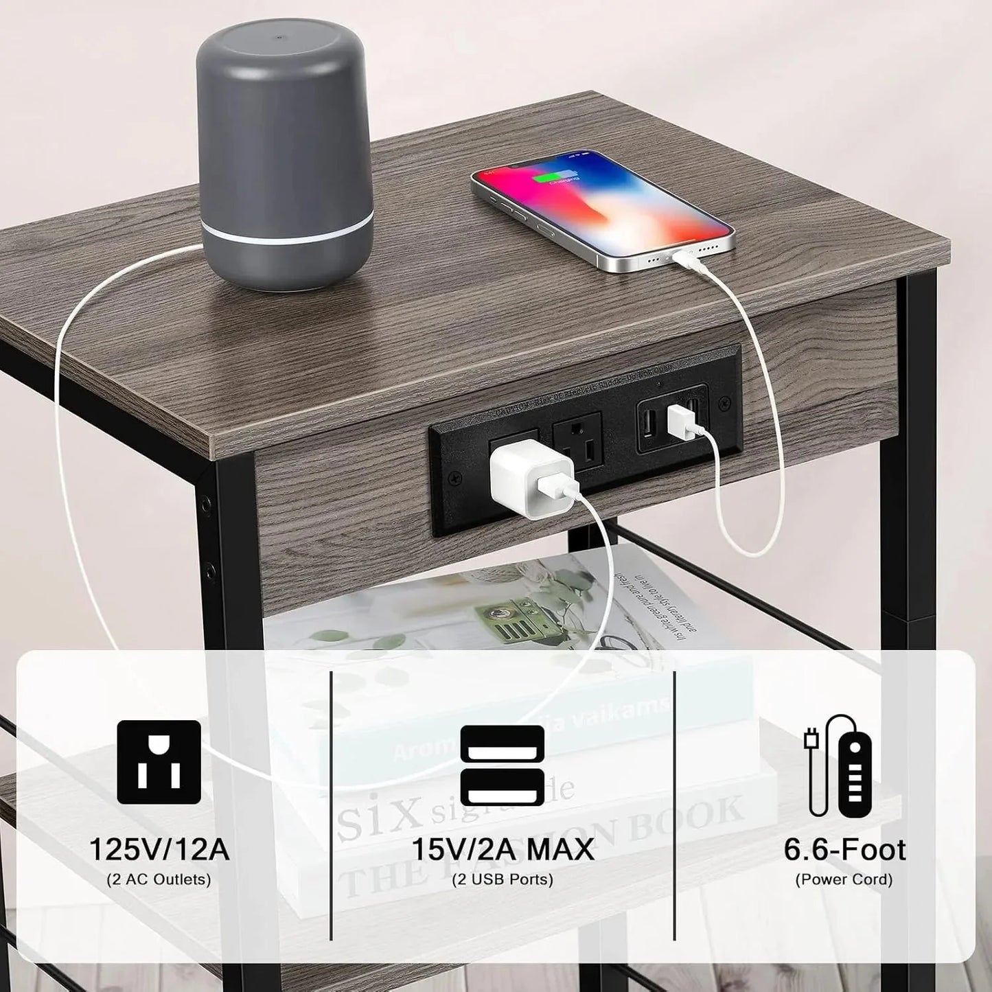 3-Tier Nightstand w/ Charging Station - 2 Pcs Grey Bedside Table w/ USB Ports & Storage Shelf for Bedroom