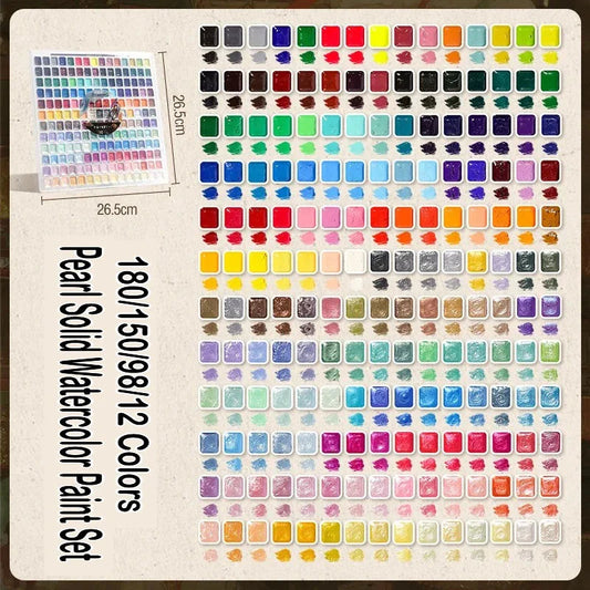 12/98/150/180 Colors Pearl Solid Water Color Paint Set Portable Professional Watercolor Painting School Art Supplies Stationery
