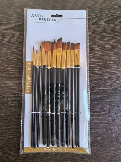 12pcs Nylon Bristle Brush Set Flat Brushes Watercolor Oil Paint For Artists Amateur And Acrylic Paintings Fabric Brushes