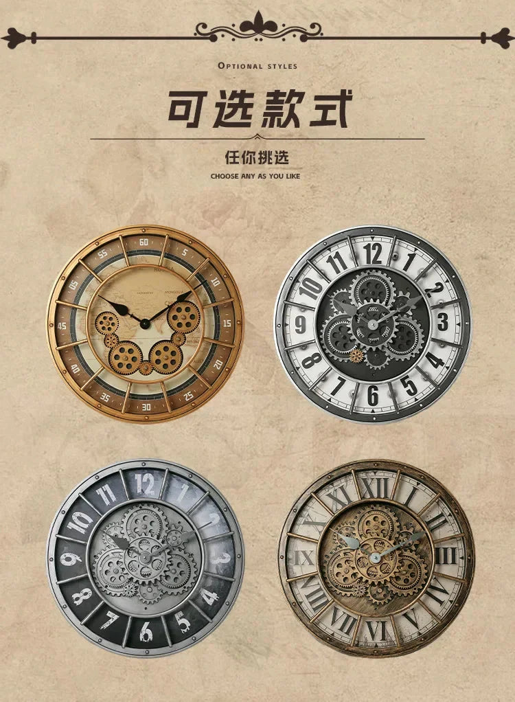Retro Industrial Roman Wall Clock  Gear Rotation Clock Living Room Decorative Wall Clock Stylish Silent Wall Clock Quartz Clock