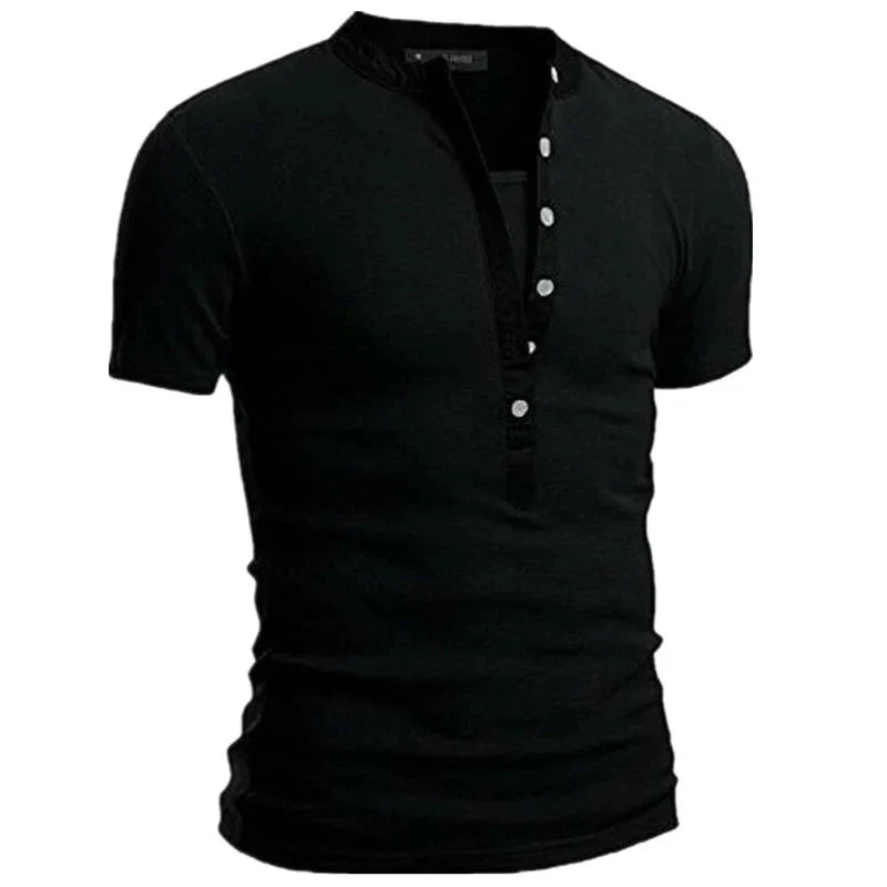 2026 Men's Summer Casual Shirts Solid V-neck Button Slim Fit T-Shirts for Men Fashion Short Sleeve Tees Tops Men Clothing S-3XL