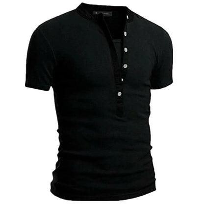 2026 Men's Summer Casual Shirts Solid V-neck Button Slim Fit T-Shirts for Men Fashion Short Sleeve Tees Tops Men Clothing S-3XL