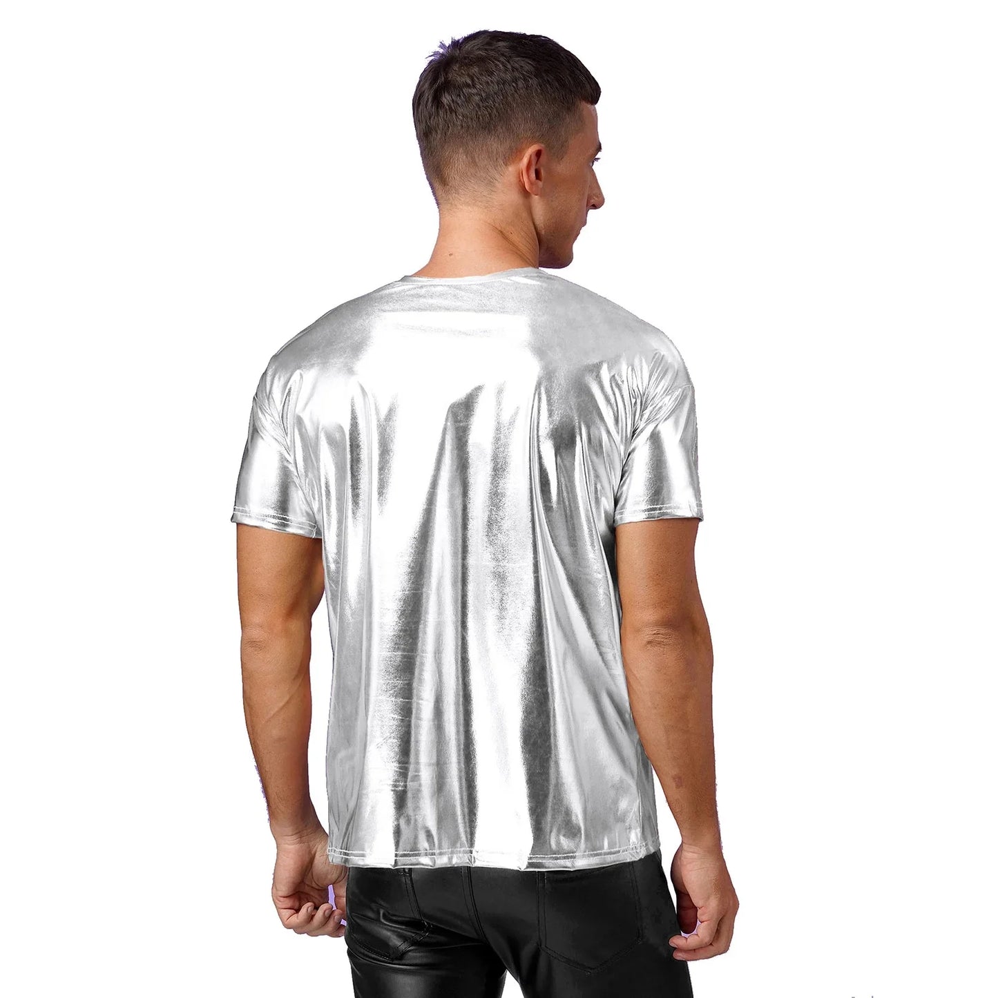 Mens Dance Shirts Tops Party Performance 80s Clothes Metallic Shiny Short Sleeve Round Neck T-shirt for Club Show Role Play