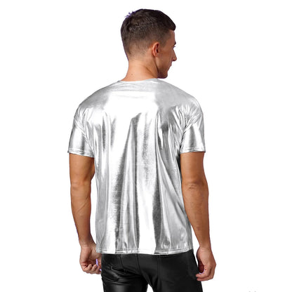 Mens Dance Shirts Tops Party Performance 80s Clothes Metallic Shiny Short Sleeve Round Neck T-shirt for Club Show Role Play