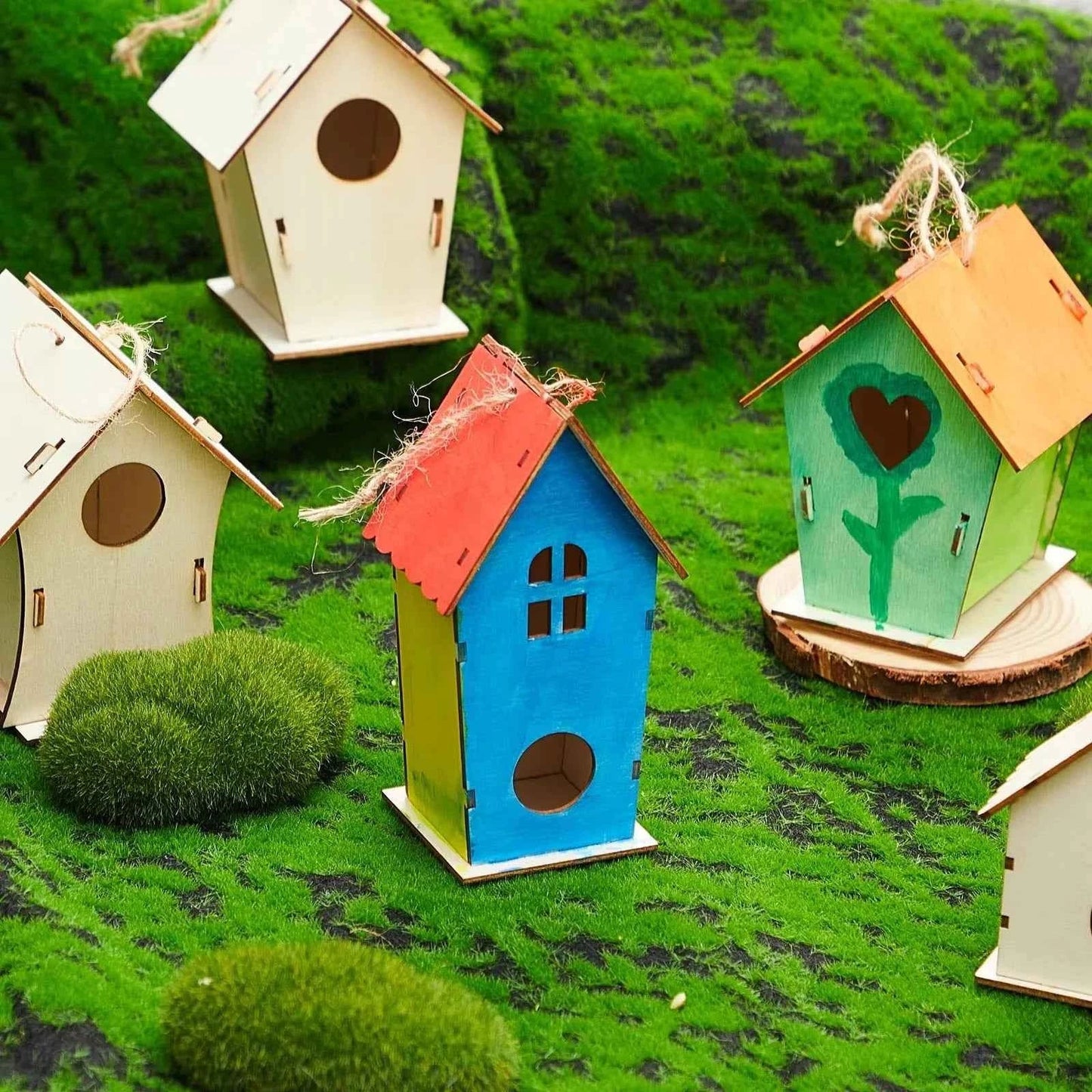 Wooden DIY Bird Nest House Outdoor Hanging Birdhouse Box With Hemp Rope for Painting DIY Outdoor Garden Yard Decoration