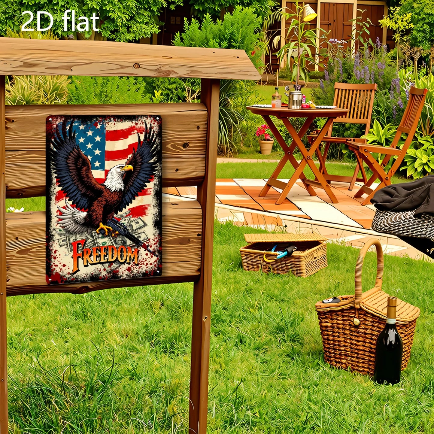 Patriotic Eagle with Guns Metal Wall Art - 8x12 Inch American Flag Design, Durable Iron Sign for Home & Outdoor Decor