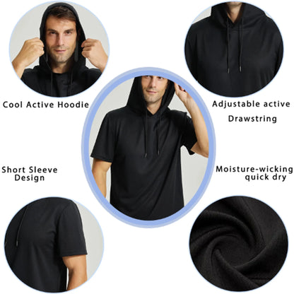 Mens Workout Hooded Shirts Short Sleeve Muscle Fit Gym Running T-Shirts Sweatshirt Hooded