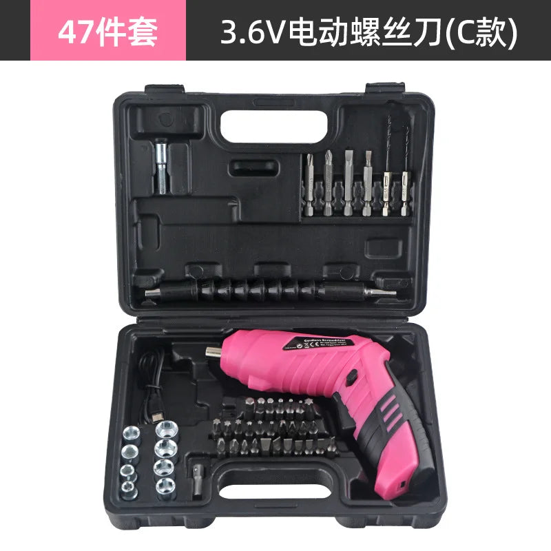 Hi-Spec 92-Piece Pink Home Tool Box Set, Multi-Function Hand Repair Kit with Hammer Cordless Power Drill Combo for Household DIY