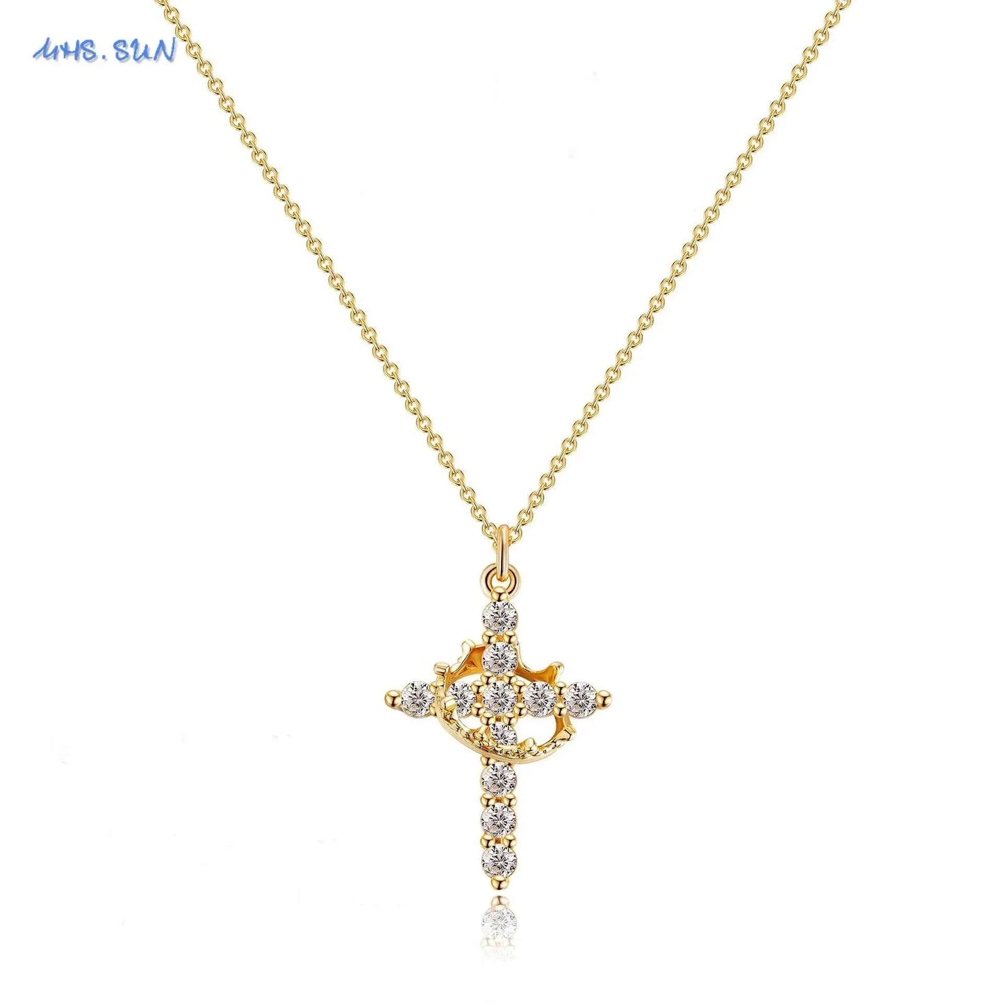 SUNSLL Cubic Zircon Rotatable Crown Cross Pendant Necklaces Classic Stainless Steel Chain Banquet Party Jewelry For Women Men