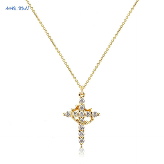 SUNSLL Cubic Zircon Rotatable Crown Cross Pendant Necklaces Classic Stainless Steel Chain Banquet Party Jewelry For Women Men