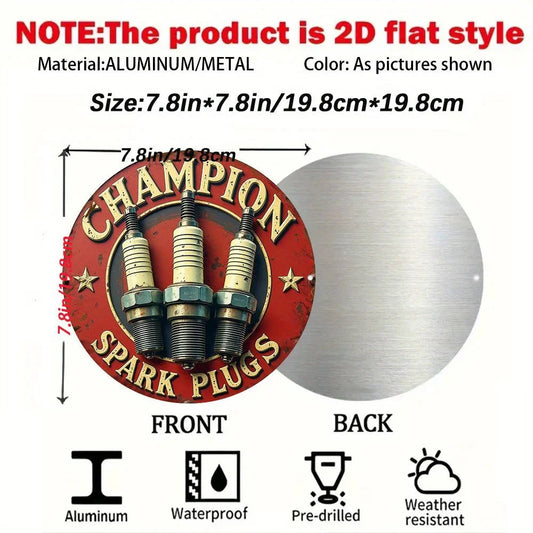 Vintage Champion Spark Plug Logo Metal Wall Art - 19.81cm Round Aluminum Sign with Red & Golden Racing Design, Automotive Engine