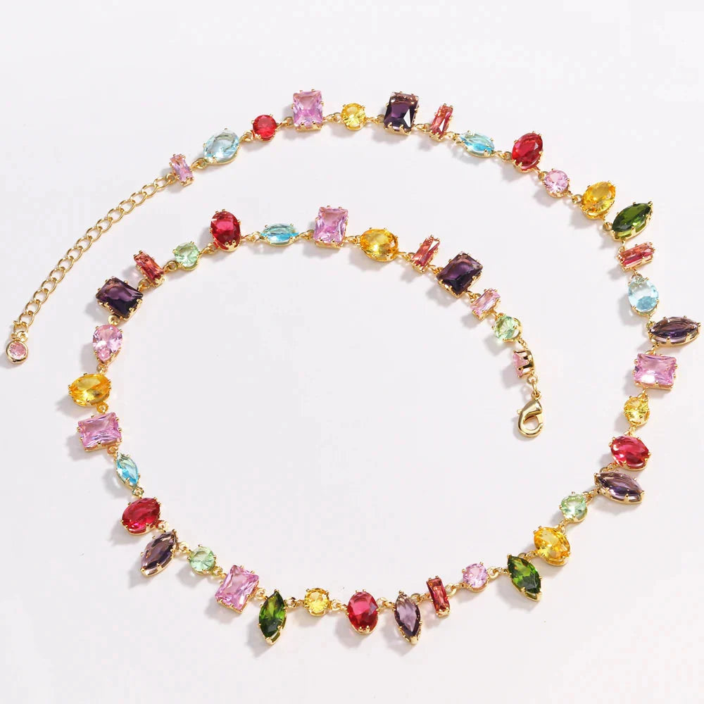 Brand 18K Gold Plated New Luxury Colourful Crystal Zircon Necklace For Women Fashion Party Jewelry Accessories Ladies Jewellery