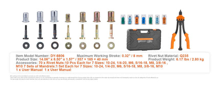 SucceBuy 14" 16" Rivet Nut Tool Rivnut Tool Kit with Metric and SAE Mandrels 70PCS/186PCS Rivet Nuts With Rugged Carrying Case