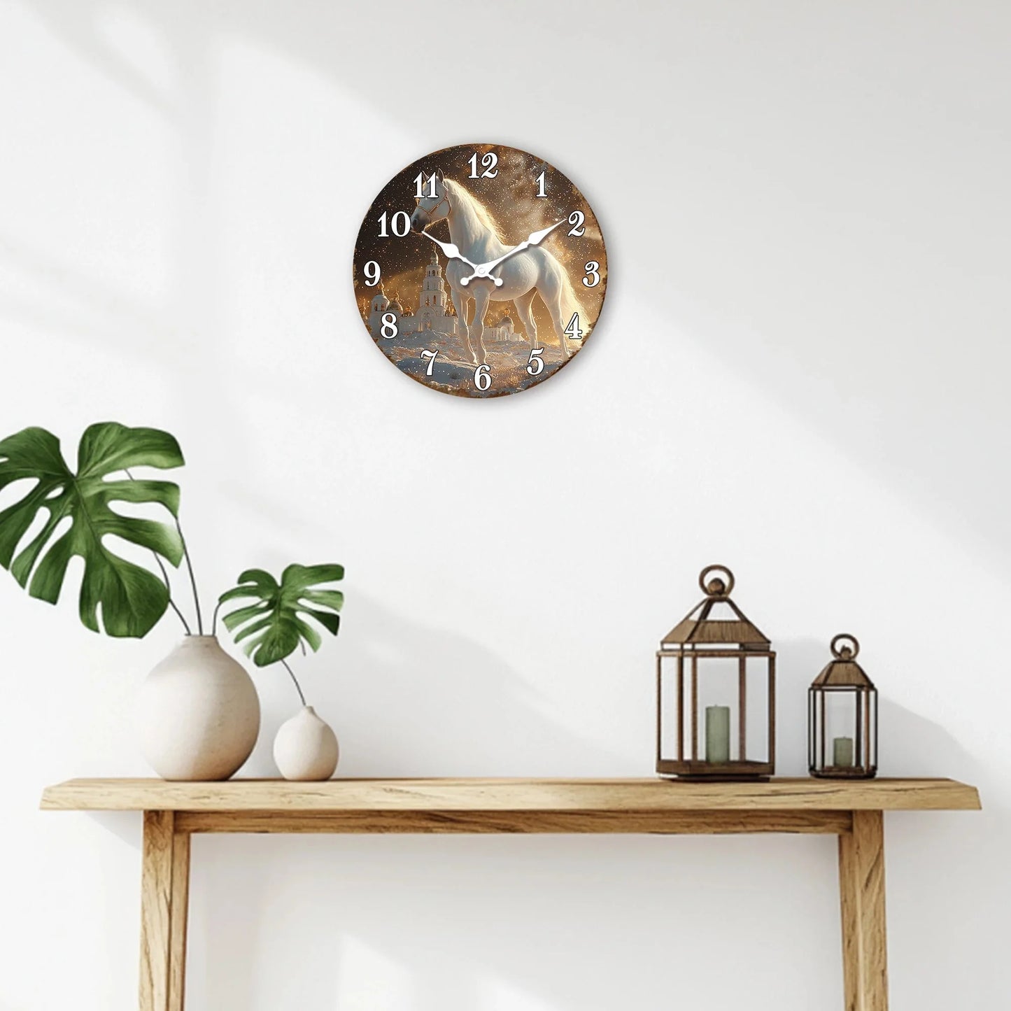 White Horse in Snowy Landscape Round Wall Clock, Ethereal Equine Art Decorative Clock, Dreamy Winter Scene Timepiece for Wall Ar