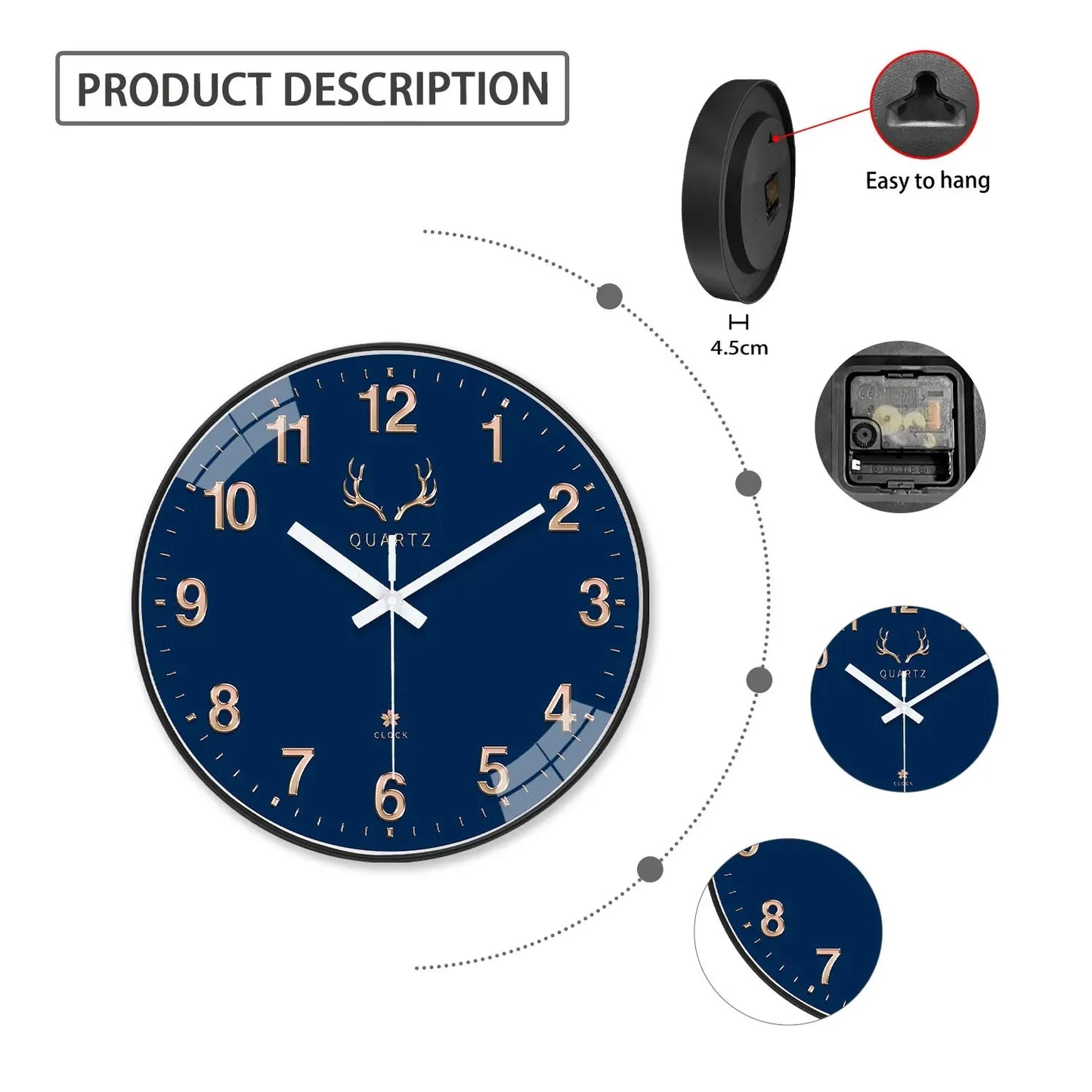 Dark Blue Plastic Round Wall Clock 8-12inch