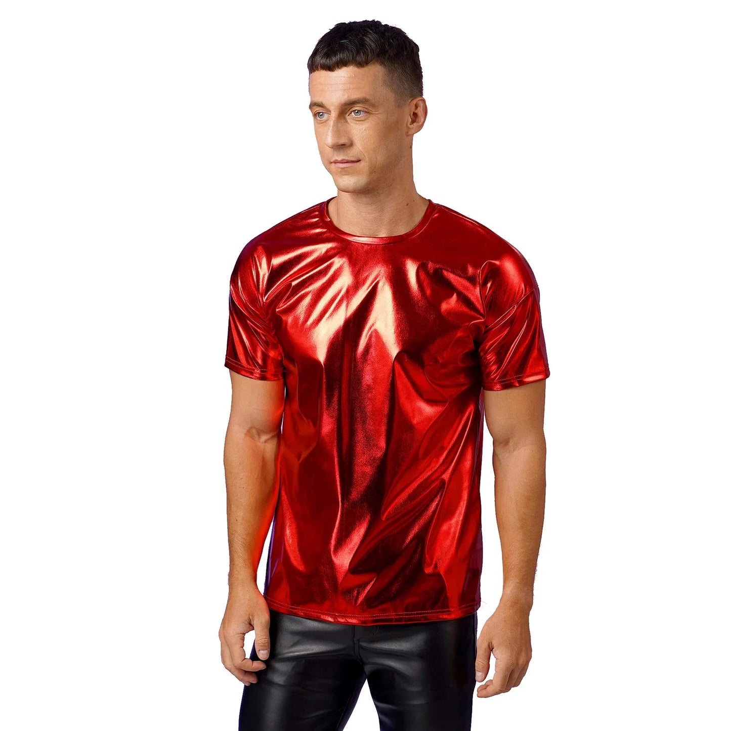 Mens Dance Shirts Tops Party Performance 80s Clothes Metallic Shiny Short Sleeve Round Neck T-shirt for Club Show Role Play