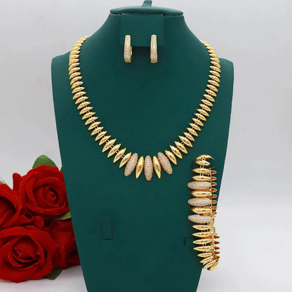 Dubai Vintage Jewelry Sets For Women Luxury Design Shiny Zircon Gold Plated Necklace Earring Bangle Wedding Party Accessories