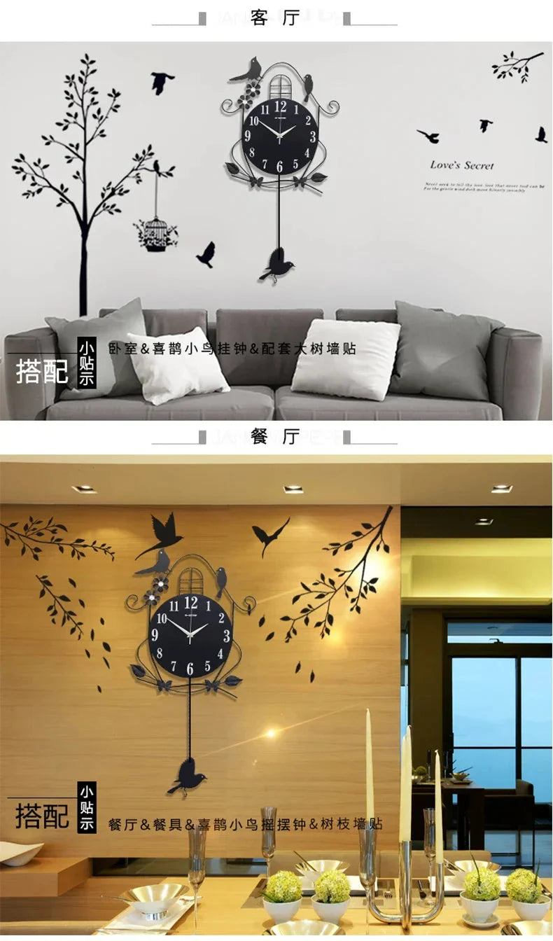 Creative Black Iron Swing Hanging Bird Wall Clock, Durable, Electronic, Large, Arts And Crafts, Modern Design