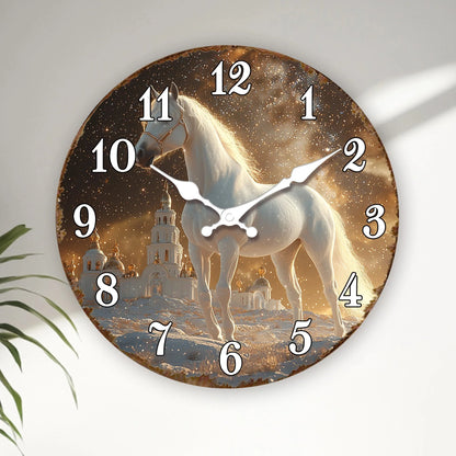 White Horse in Snowy Landscape Round Wall Clock, Ethereal Equine Art Decorative Clock, Dreamy Winter Scene Timepiece for Wall Ar