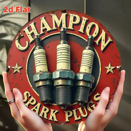 Vintage Champion Spark Plug Logo Metal Wall Art - 19.81cm Round Aluminum Sign with Red & Golden Racing Design, Automotive Engine