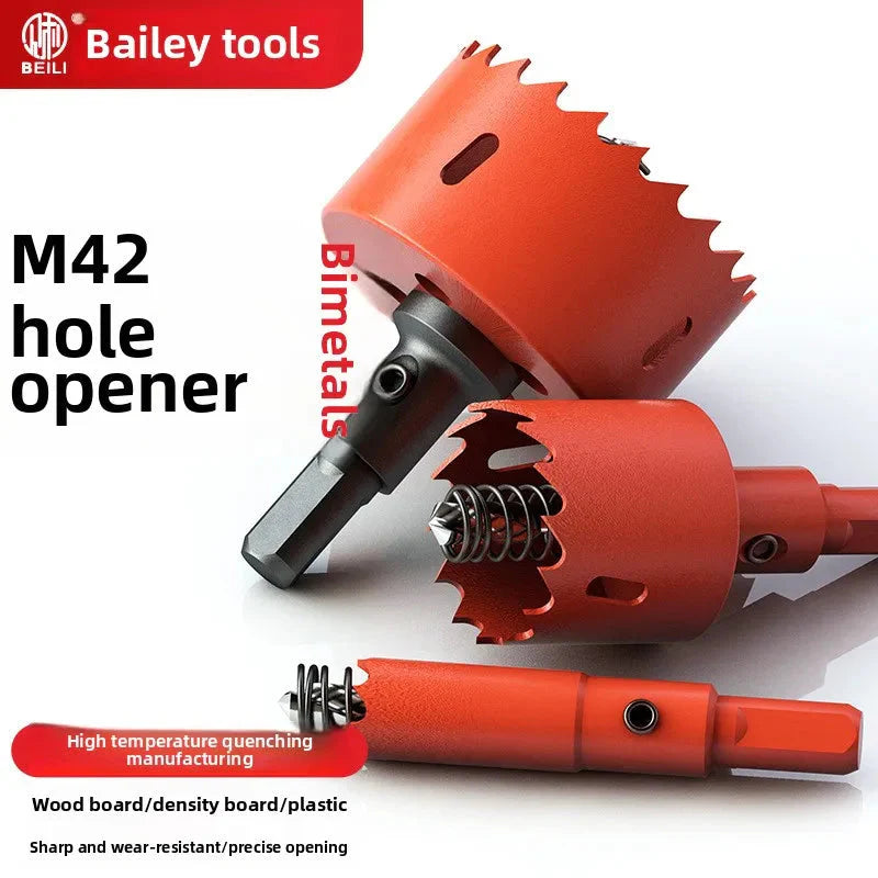 M42 bi-metal woodworking hole saw for drywall, PVC, plastic, iron plate, and recessed light drilling.