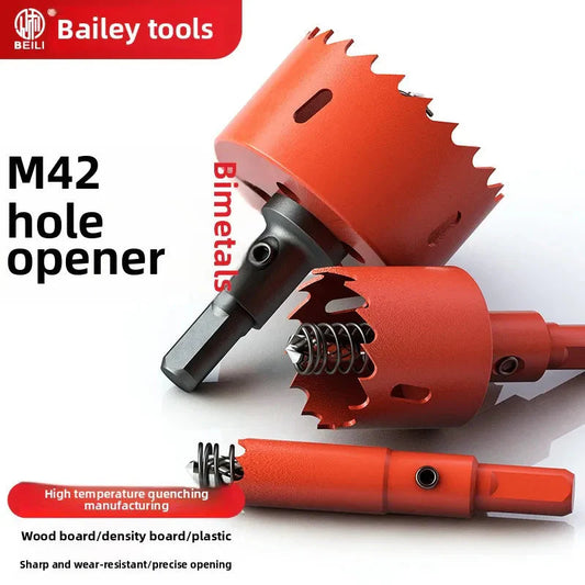 M42 bi-metal woodworking hole saw for drywall, PVC, plastic, iron plate, and recessed light drilling.
