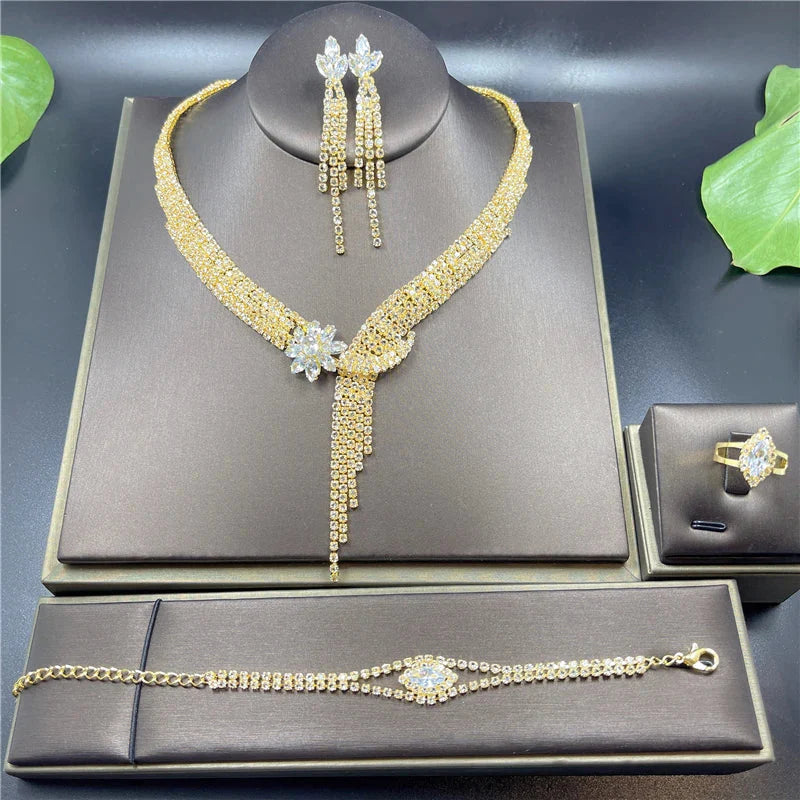 Fashion Crystal Bridal Jewelry Sets Silver Color Geometric Choker Necklace Earrings Bracelet Ring Four-piece Wedding Jewelry Set