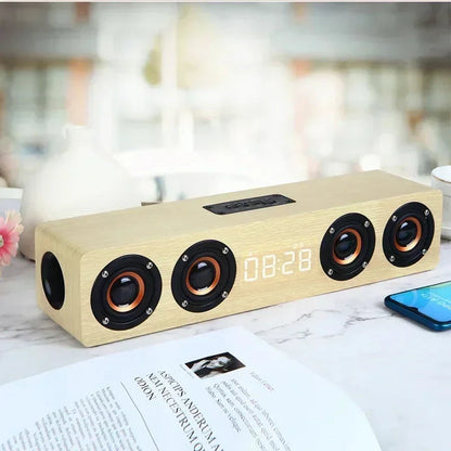 Wooden Soundbar Wireless Bluetooth Speaker Portable Retro Soundbox Subwoofer for TV Computer with FM Radio TF Card USB Boom Box